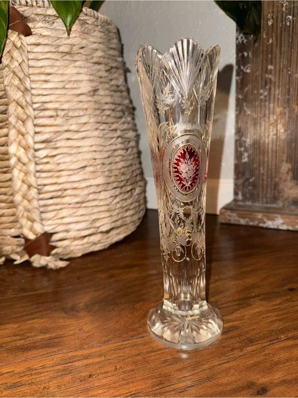 Vintage Bohemian Czech Crystal Vase Ruby Flash Gold Gilt Floral 10” Vase (Rare)